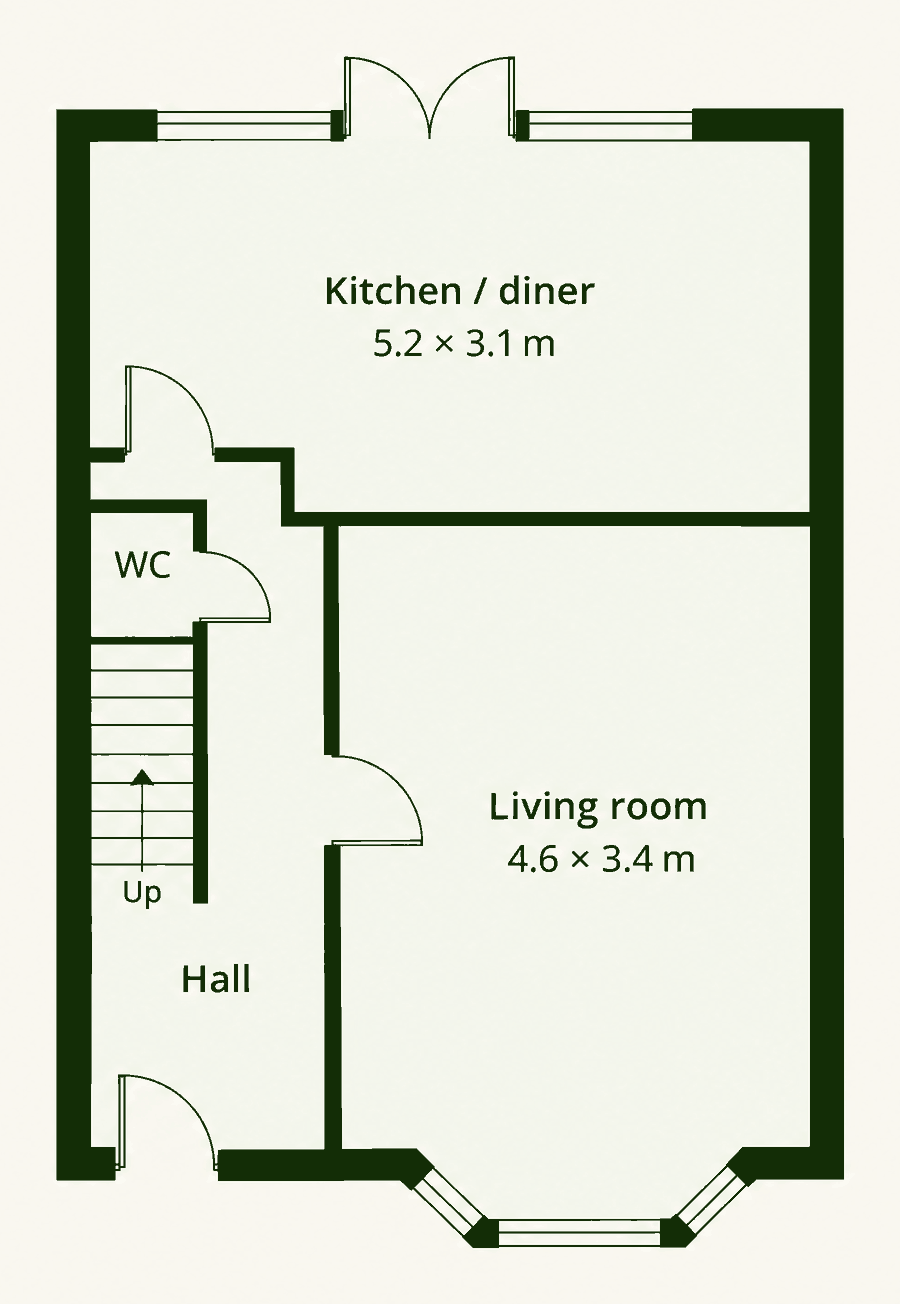 Ground floor plan: hall with stairs and a WC, living room with a bay window at the front, kitchen and diner across the back with French doors