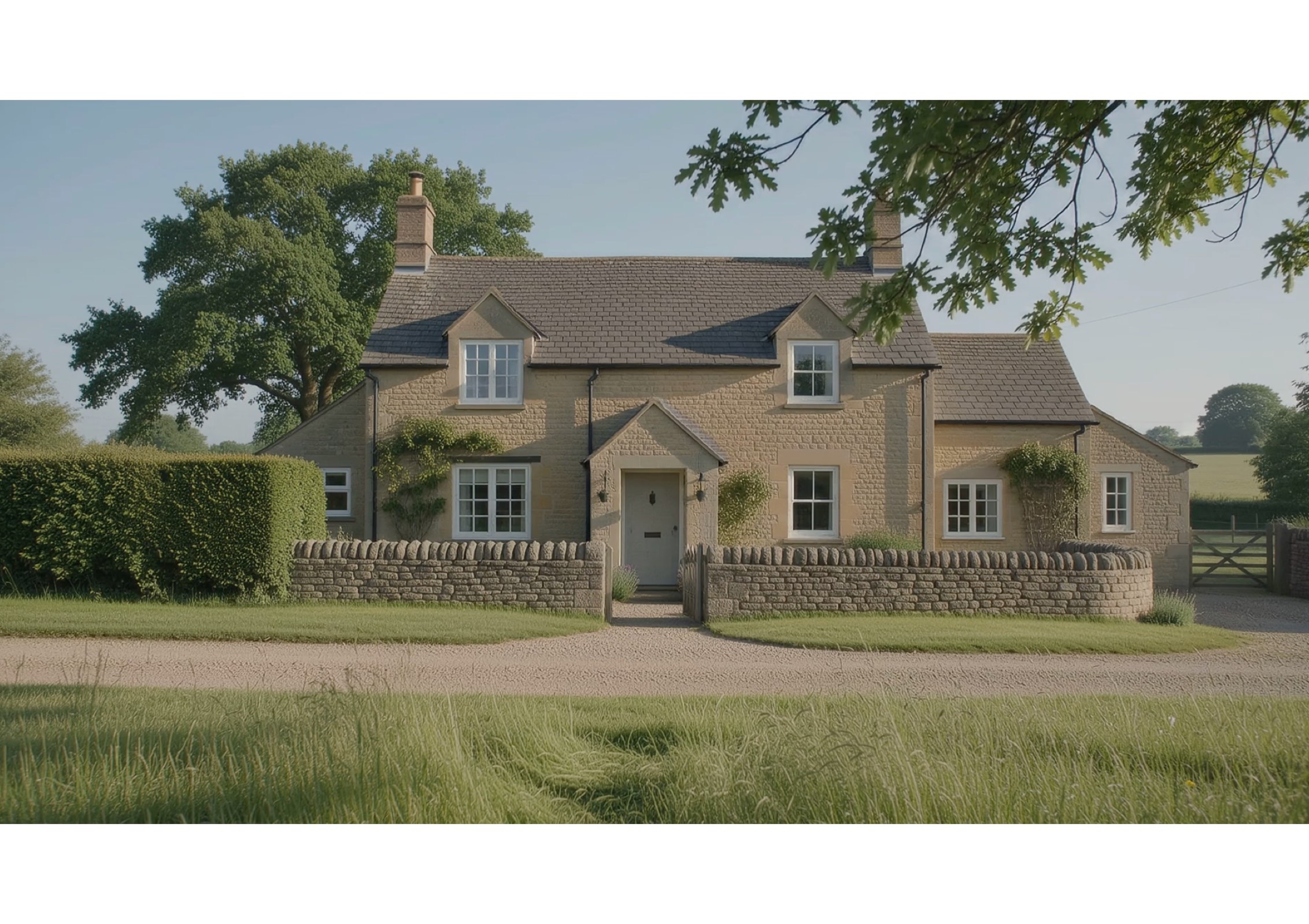 A detached Cotswold-stone country house behind a dry-stone wall on a summer morning